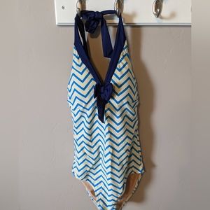 Chevon Stripe V Neck Bow Halter Swim One Piece